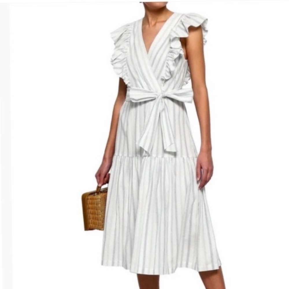 Rebecca Taylor Yarn Dyed Striped Midi Dress White Blue sz 0 Ruffle summer beach